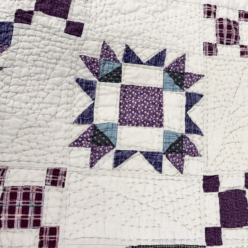 VTG Irish Chain Quilt Feedsack Farmhouse Cottage Purple Blue 81x81 Excellent!